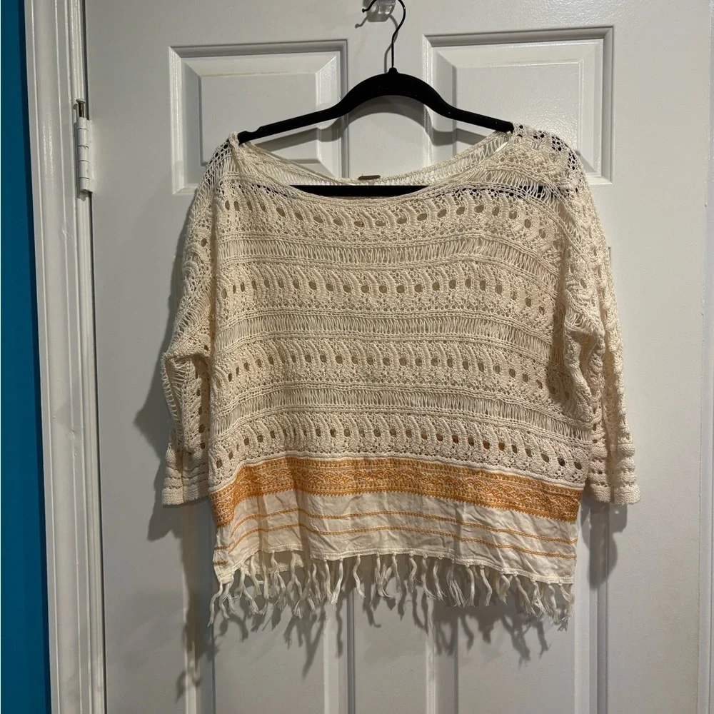 Free People crochet open knit top with fringe detail ivory sz M boho festival